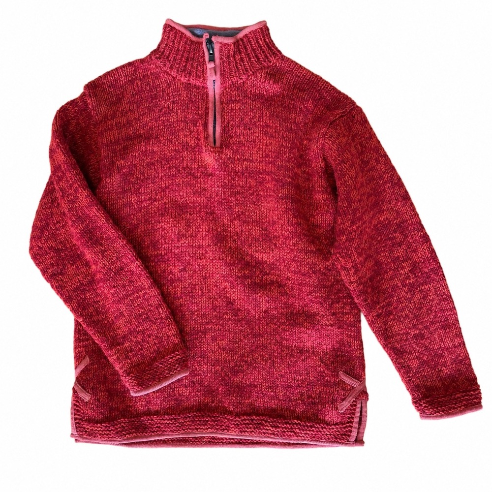 Pachamama Hand Made Nepal 100% Wool Quarter Zip Sweater Red Marl Unisex M/L